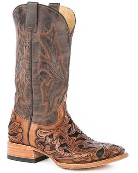 Stetson Men's Handtooled Wicks Inlay Western Boots - Broad Square Toe , Brown, hi-res