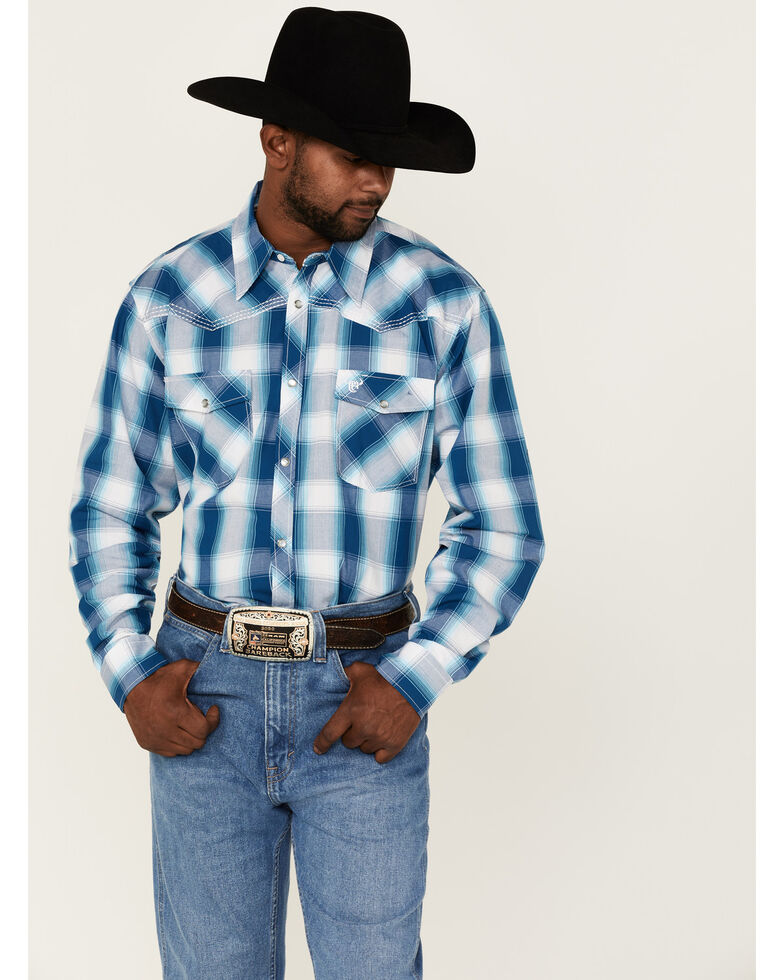 Cowboy Hardware Men's Hombre Large Plaid Long Sleeve Snap Western Shirt , Blue, hi-res