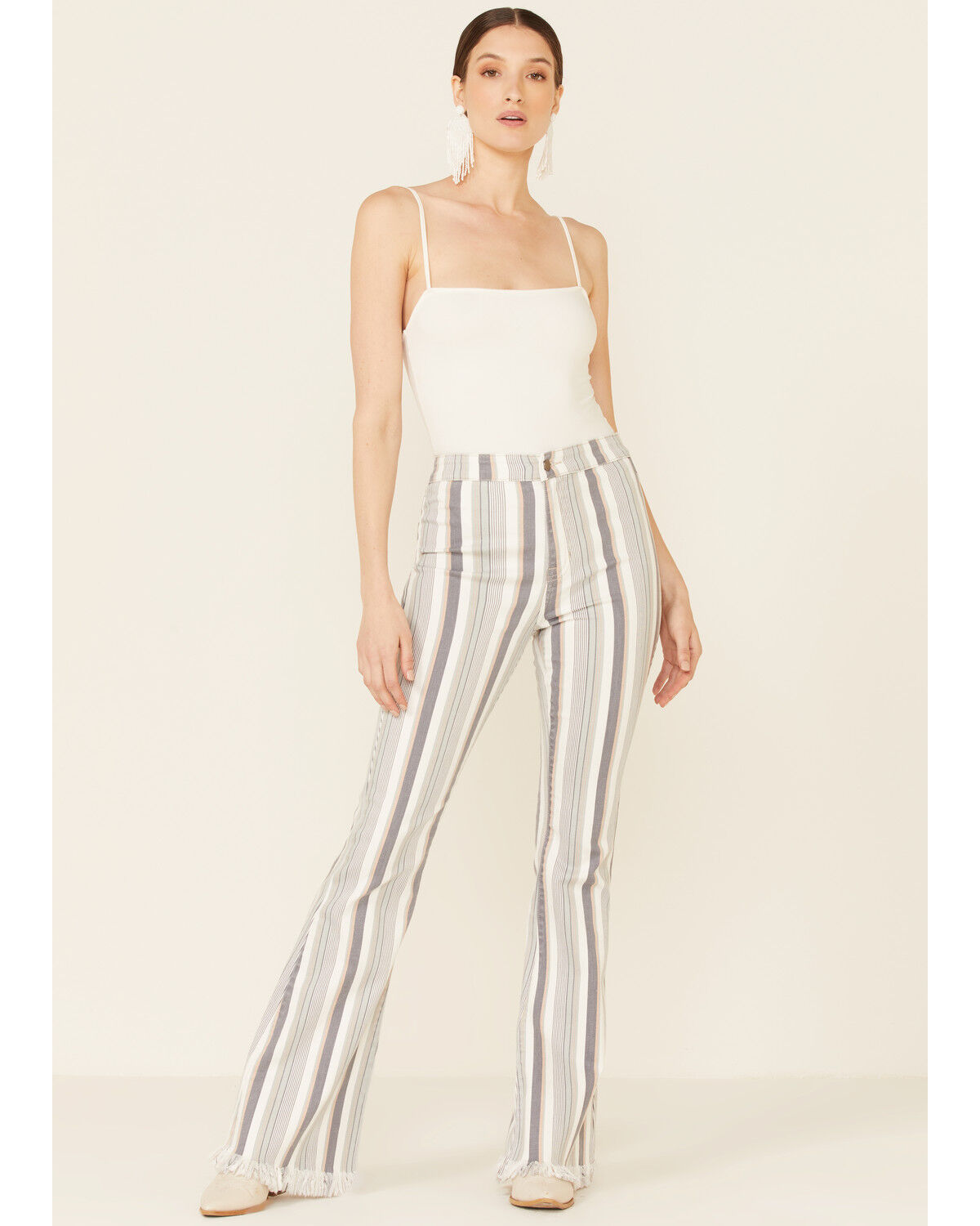 Image #1 - Cello Women's Striped Raw Hem Flare Jeans, Ivory, hi-res
