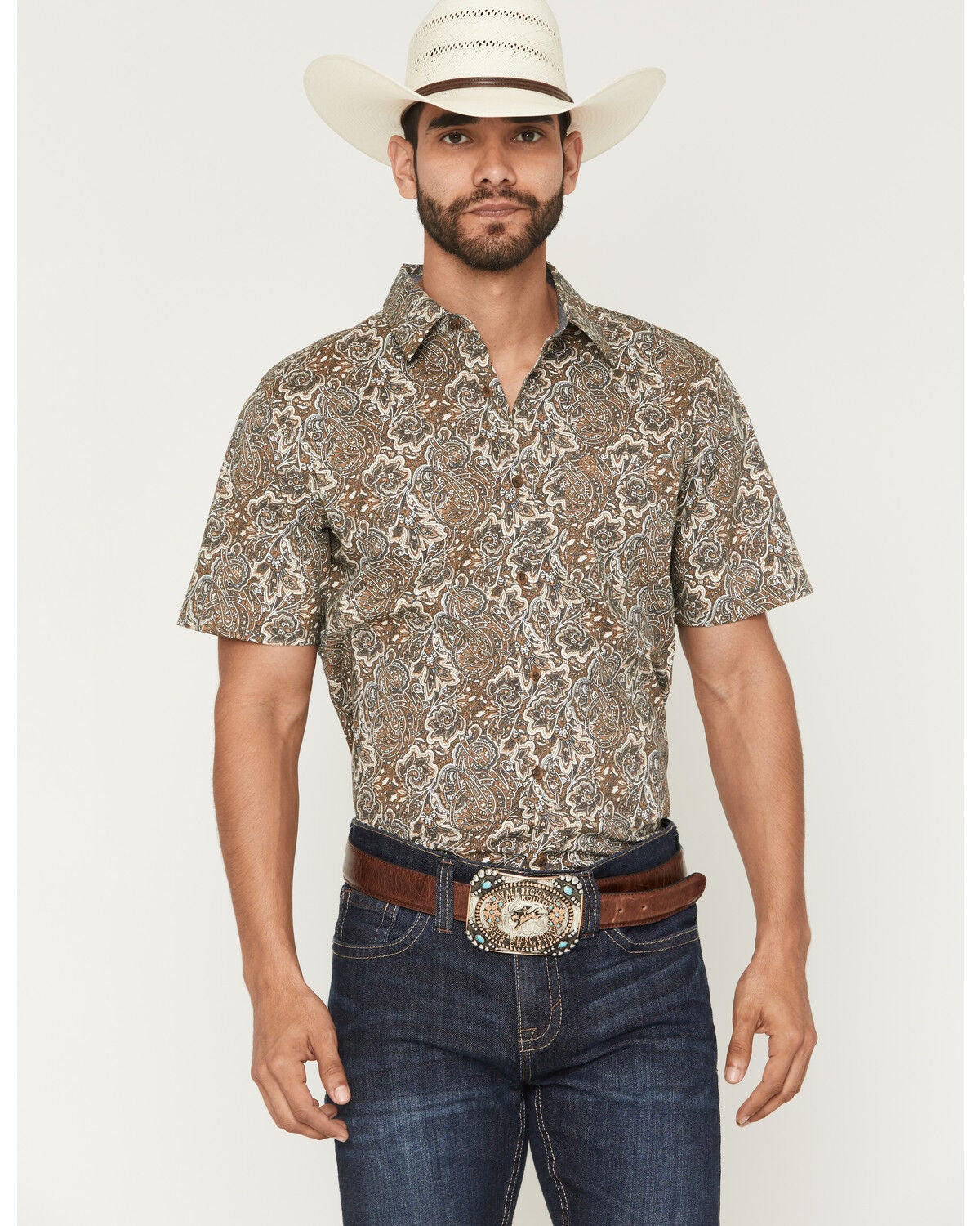 Image #1 - Cody James Men's Wells Floral Paisley Print Short Sleeve Button-Down Stretch Western Shirt - Big, Rust Copper, hi-res