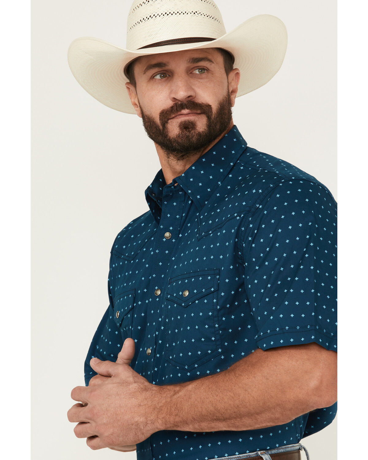 Image #2 - Wrangler 20X Men's Geo Print Short Sleeve Snap Western Shirt - Tall, Navy, hi-res