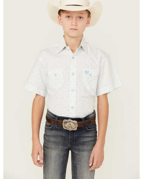 Panhandle Boys' Geo Print Short Sleeve Pearl Snap Western Shirt , Aqua, hi-res