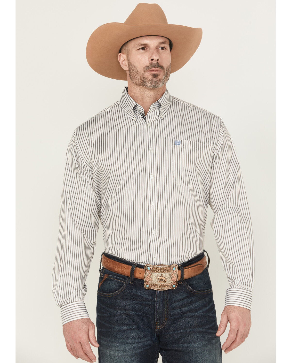 Image #1 - Cinch Men's Striped Print Tencel Long Sleeve Button-Down Western Shirt, Cream, hi-res