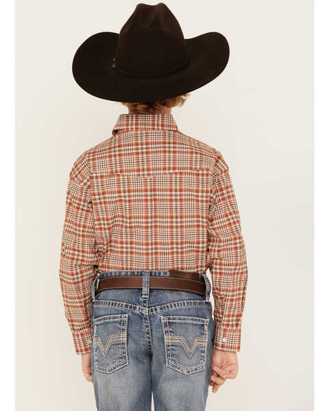 Image #4 - Rough Stock by Panhandle Boys' Plaid Print Long Sleeve Pearl Snap Stretch Western Shirt, Rust Copper, hi-res