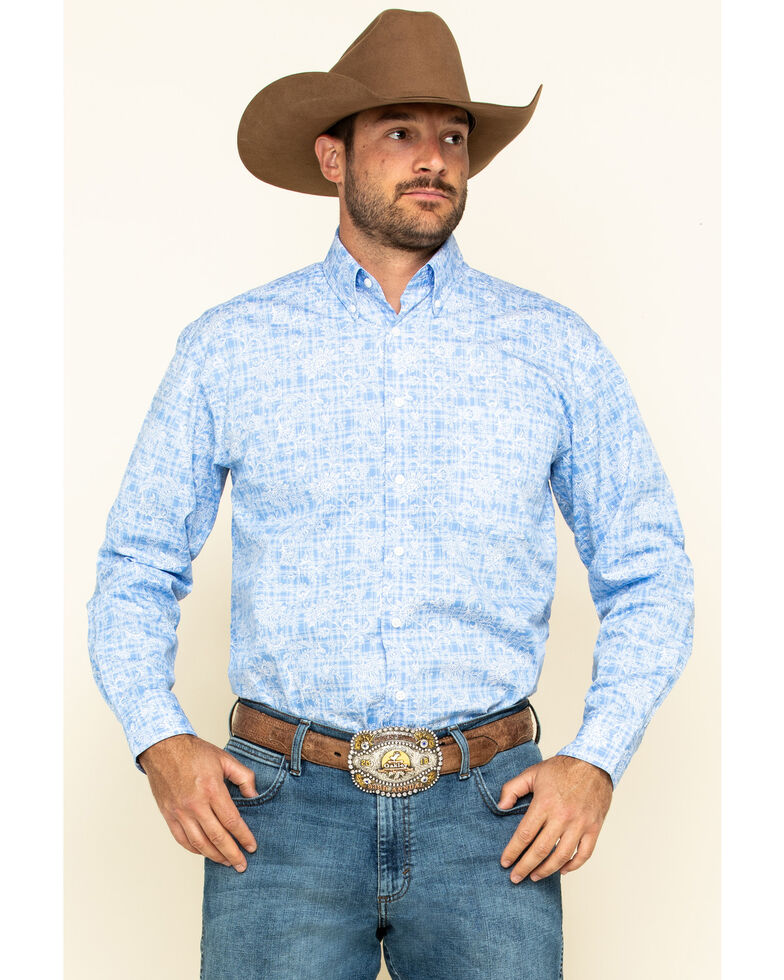 Rough Stock By Panhandle Men's Wimberly Floral Print Long Sleeve Western Shirt , Light Blue, hi-res