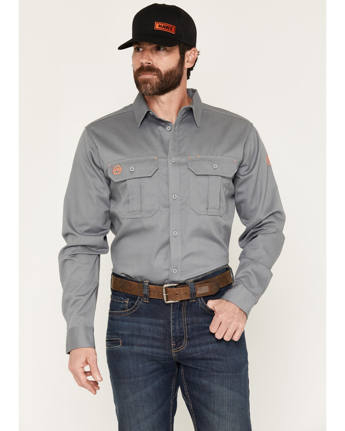 Hawx Men's FR Woven Long Sleeve Button-Down Work Shirt, Grey, hi-res