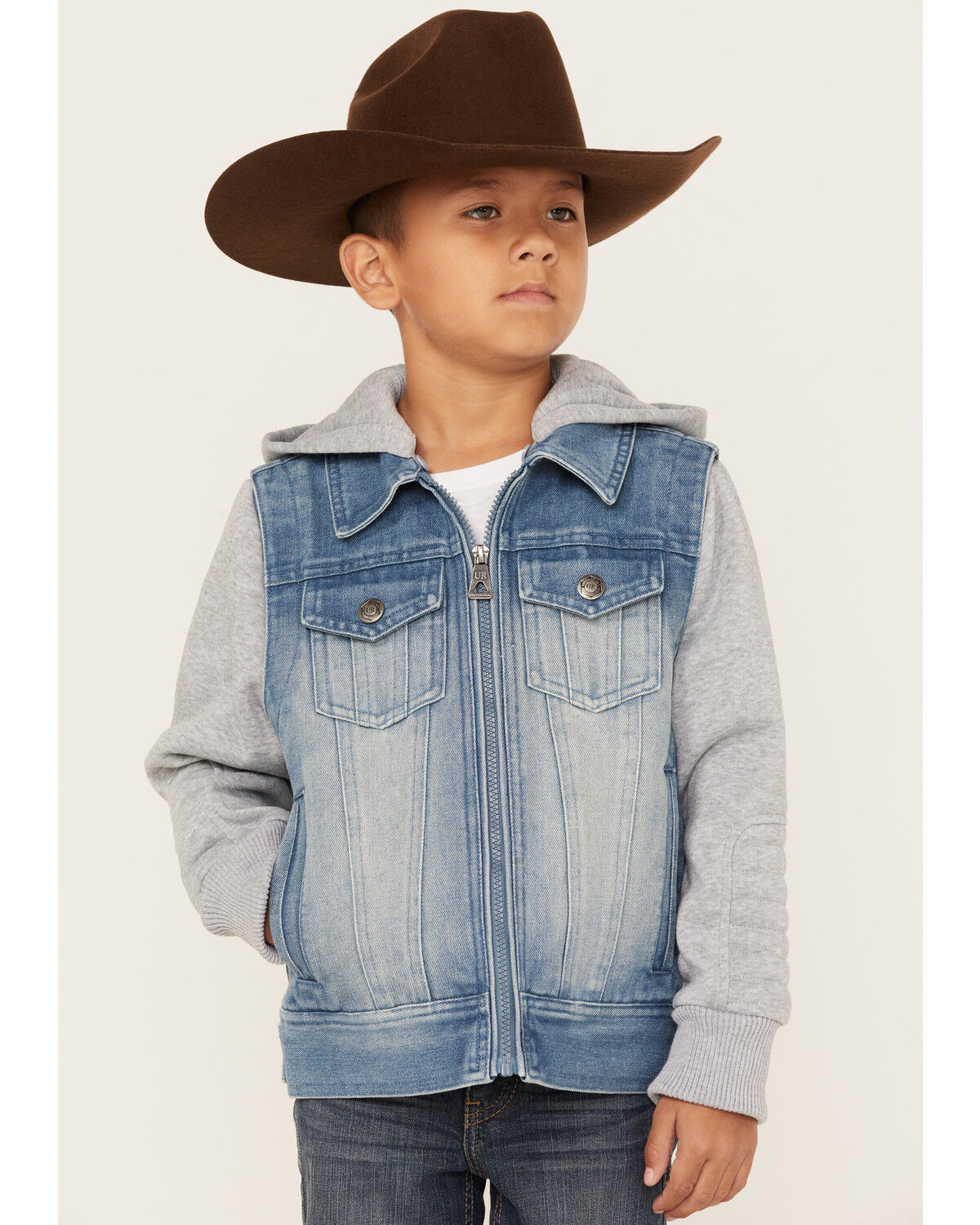 Image #1 - Urban Republic Boys' Medium Wash Denim Vest Layered Hooded Zip Sweatshirt, , hi-res