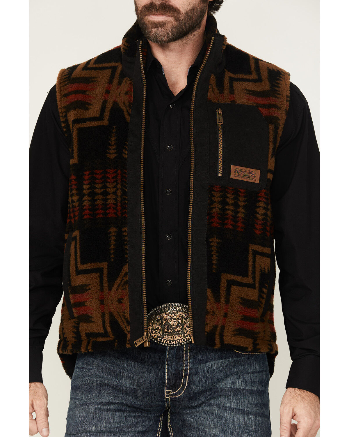 Image #3 - Pendleton Men's Ridgeline Printed Berber Fleece Vest, Black, hi-res