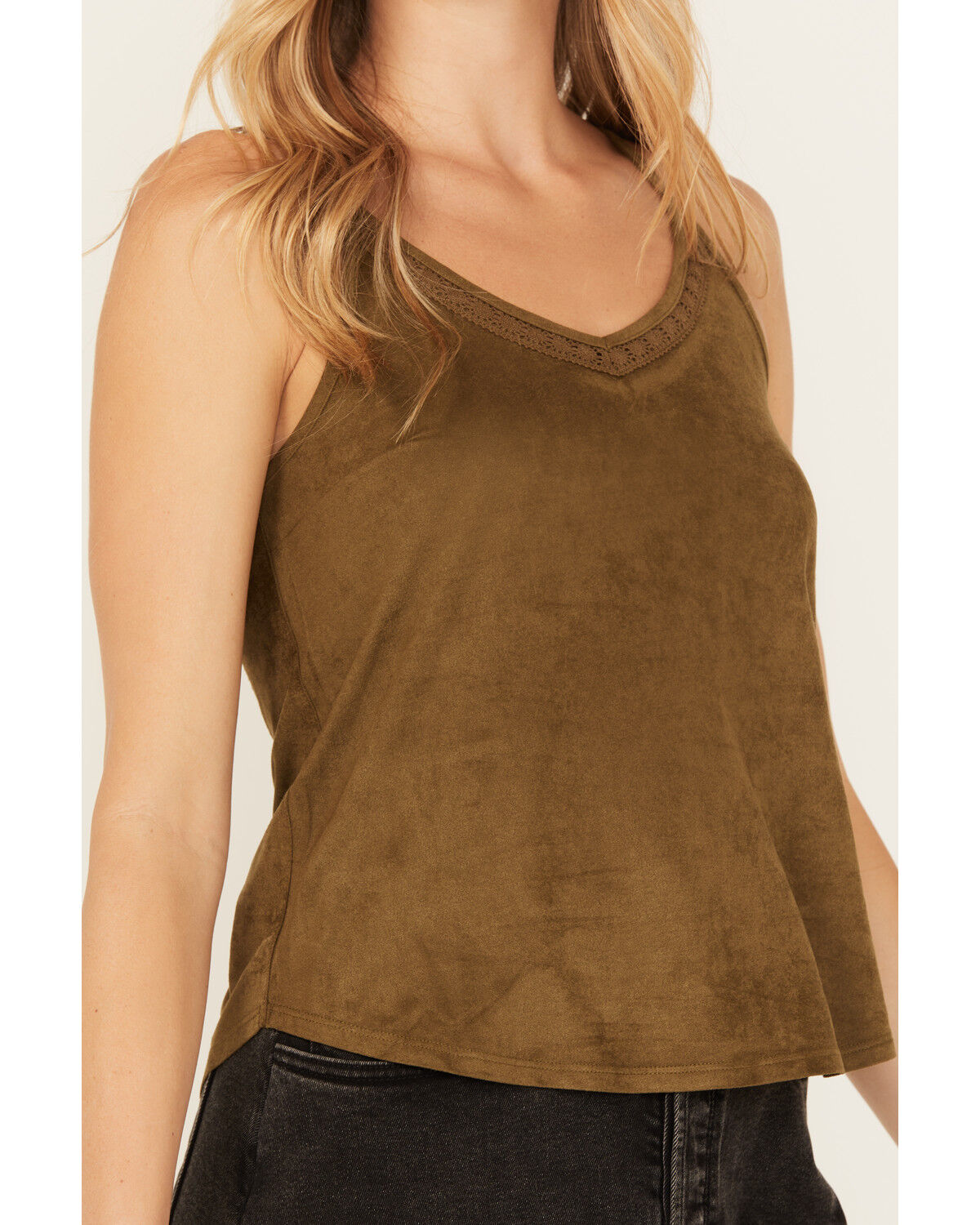 Image #3 - Shyanne Women's Crochet Lace Faux Suede Cami Top, Forest Green, hi-res