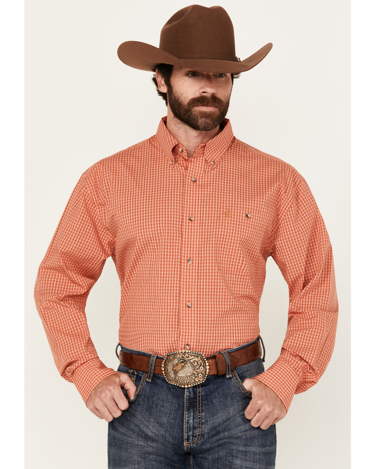 Image #1 - George Strait by Wrangler Men's Plaid Print Long Sleeve Button-Down Stretch Western Shirt, Brick Red, hi-res
