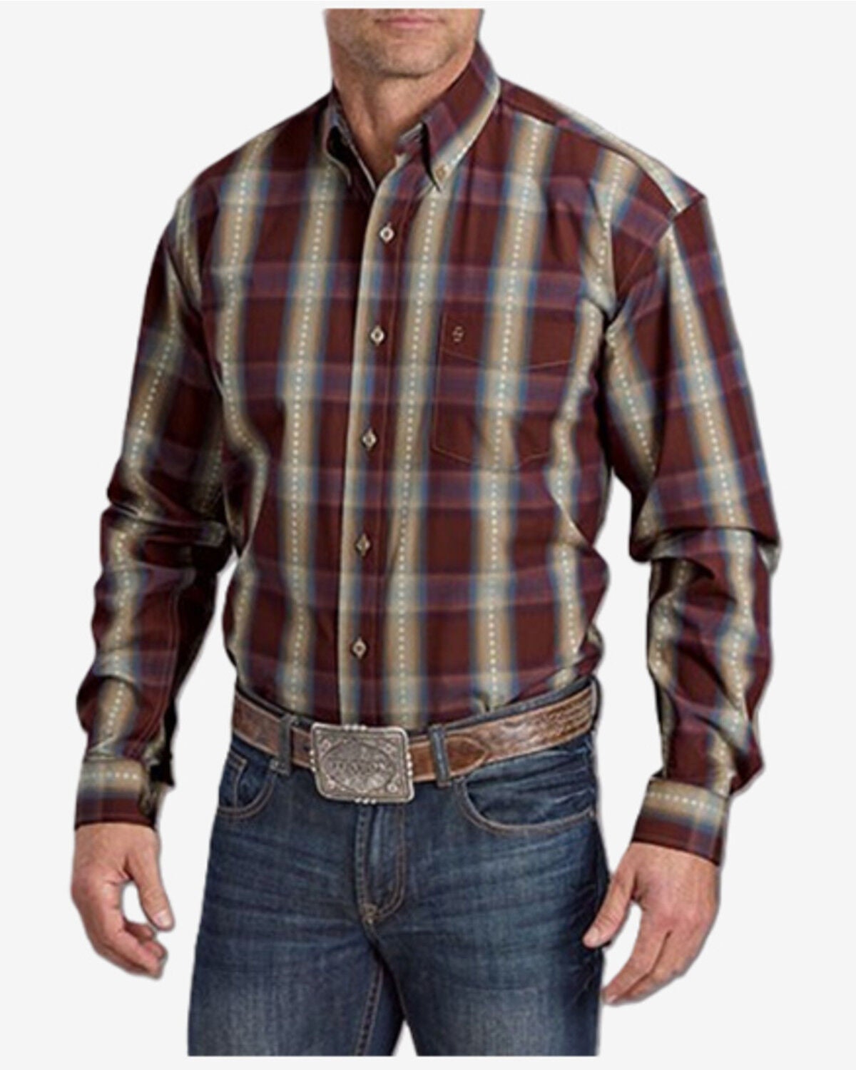 Stetson Men's Dobby Plaid Print Long Sleeve Button-Down Western Shirt, Wine, hi-res