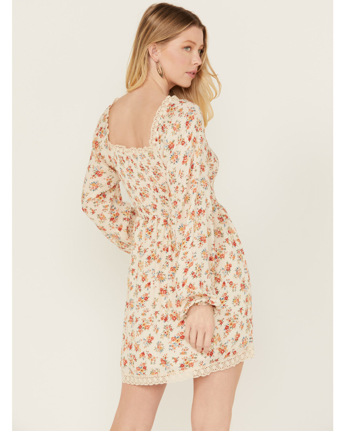 Image #4 - Wild Moss Women's Floral Print Smocked Long Sleeve Mini Dress, Ivory, hi-res