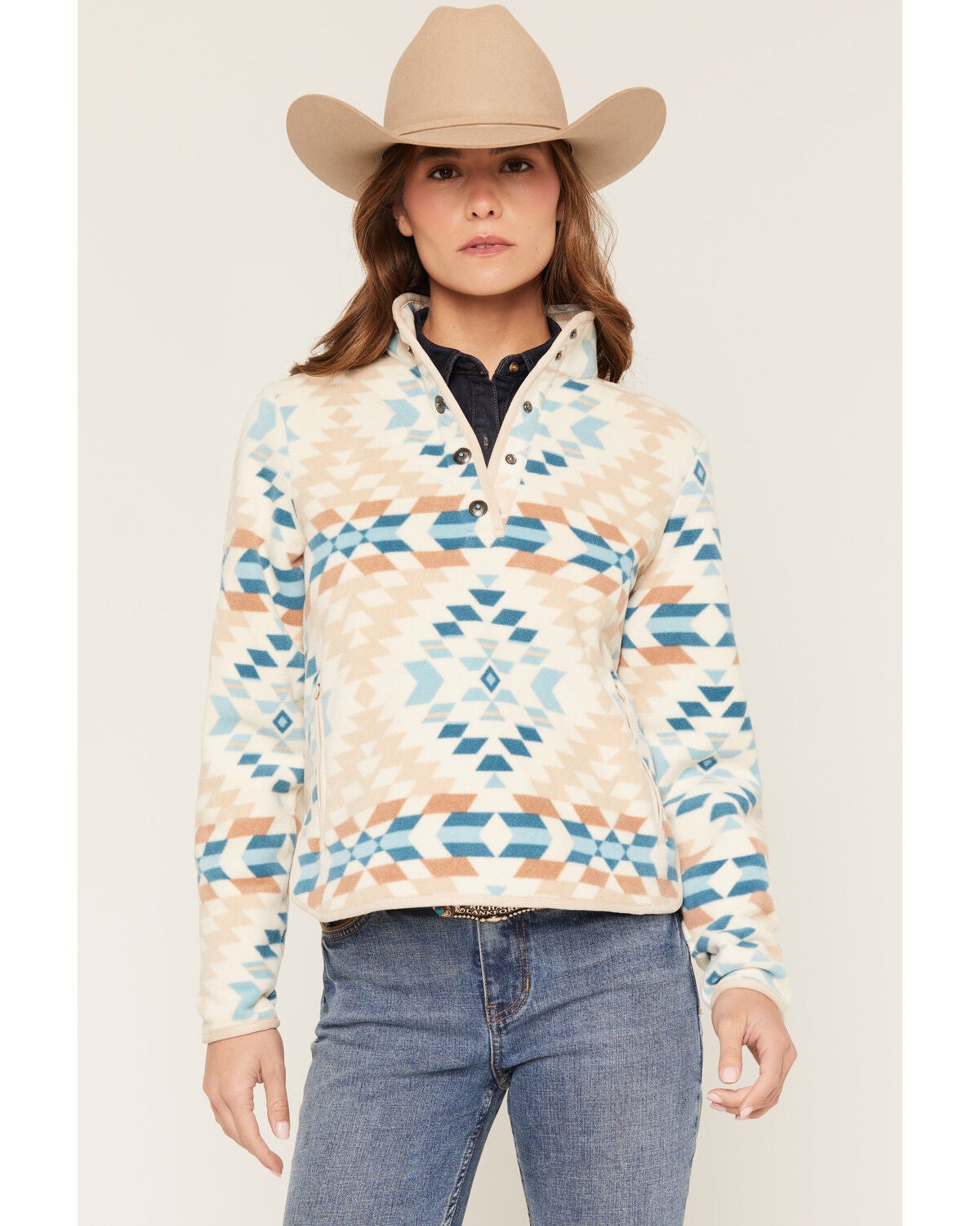 Shyanne Women's Polar Fleece Southwestern Print Snap Pullover, Khaki, hi-res