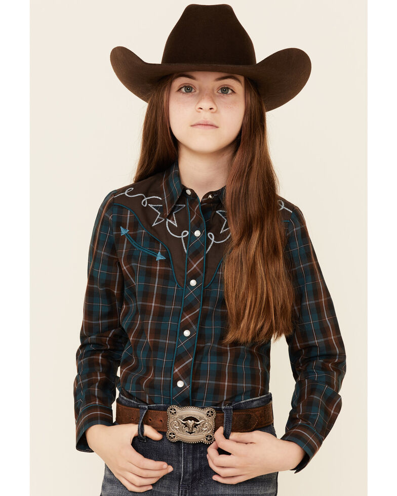 Roper Girls' Brown & Teal Windowpane Plaid Fancy Yoke Long Sleeve Snap Western Shirt  , Brown, hi-res
