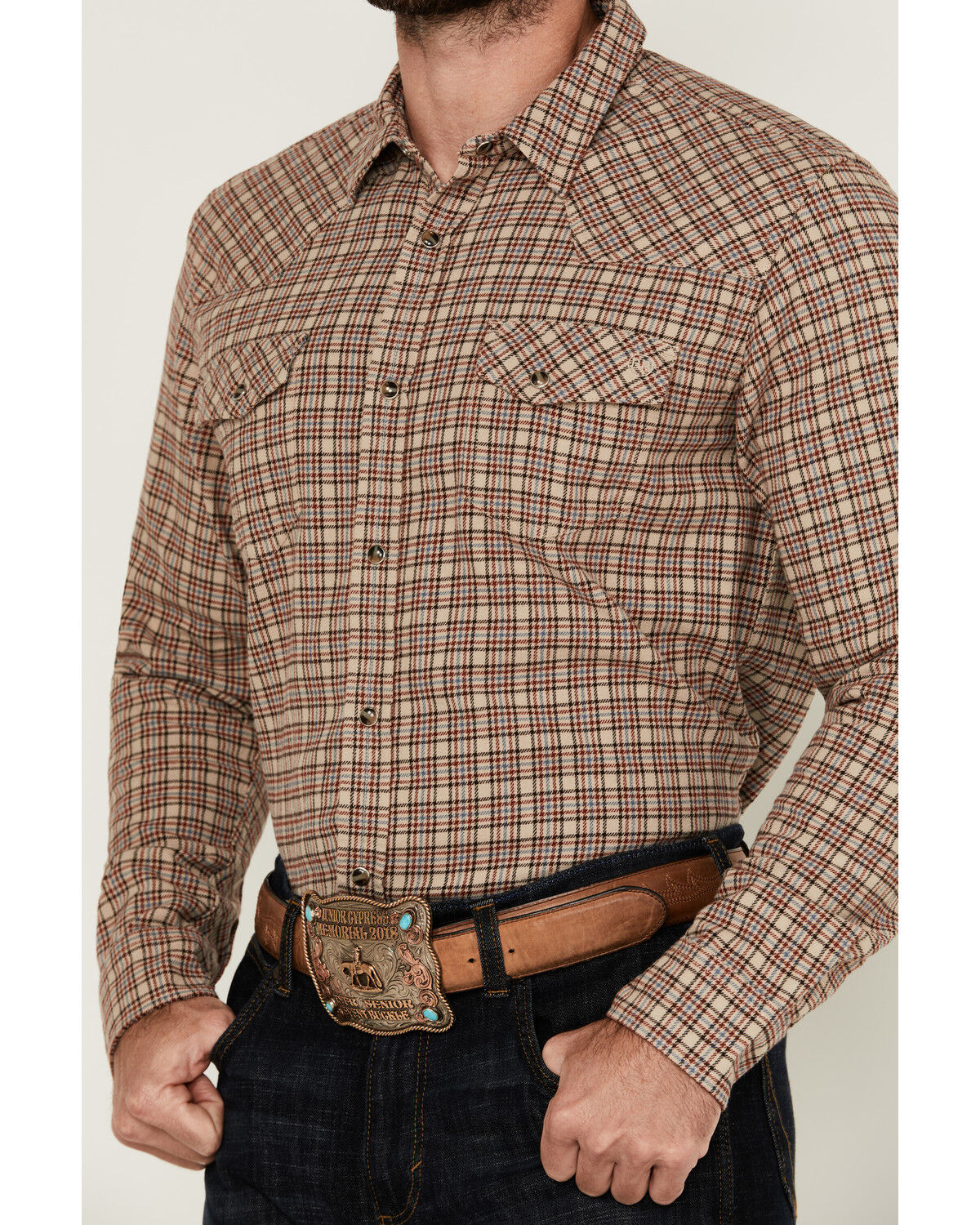Image #3 - Blue Ranchwear Men's Euclid Plaid Print Long Sleeve Snap Western Shirt, Tan, hi-res