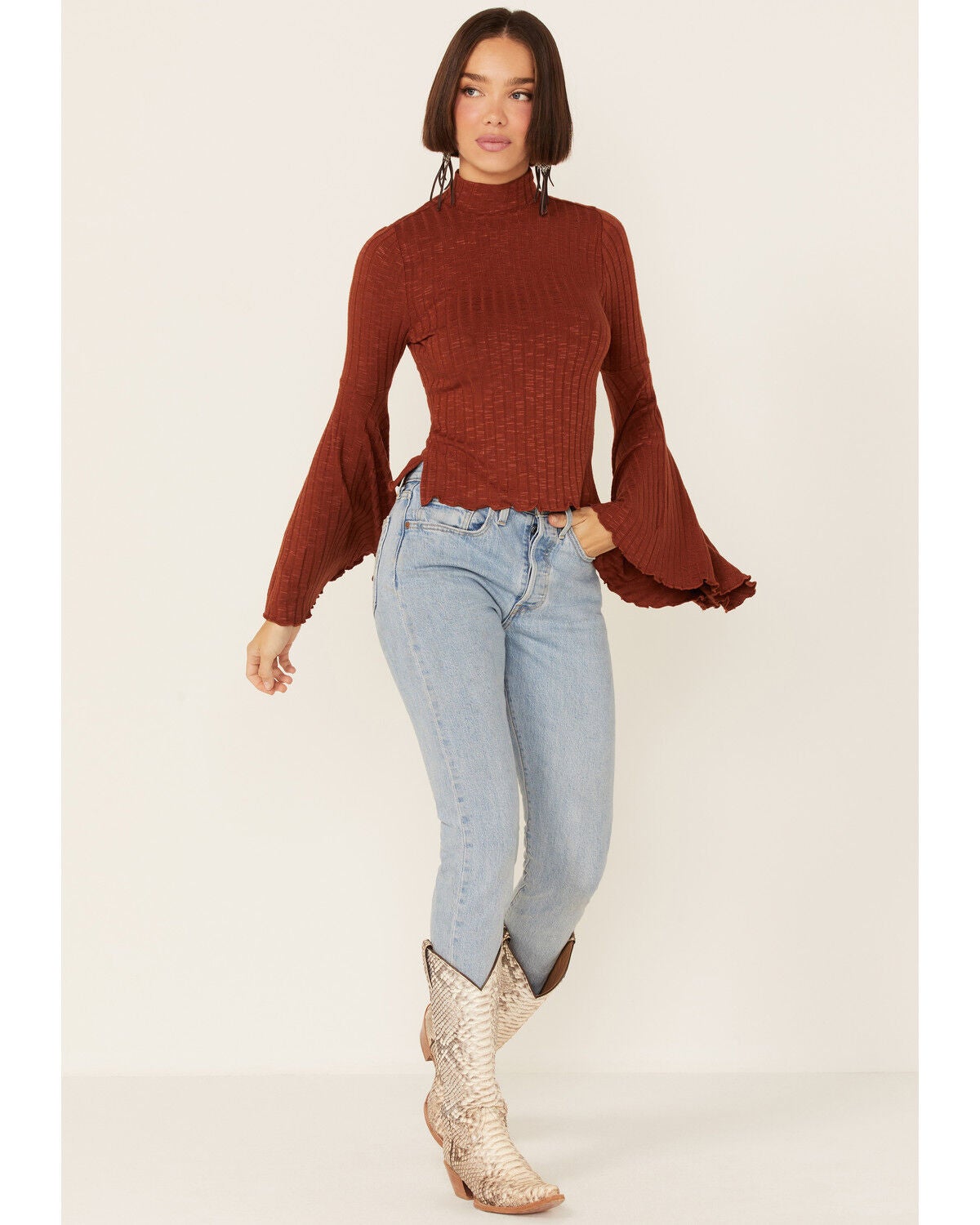 Rib-Knit Mock Neck Bell Sleeve Top 