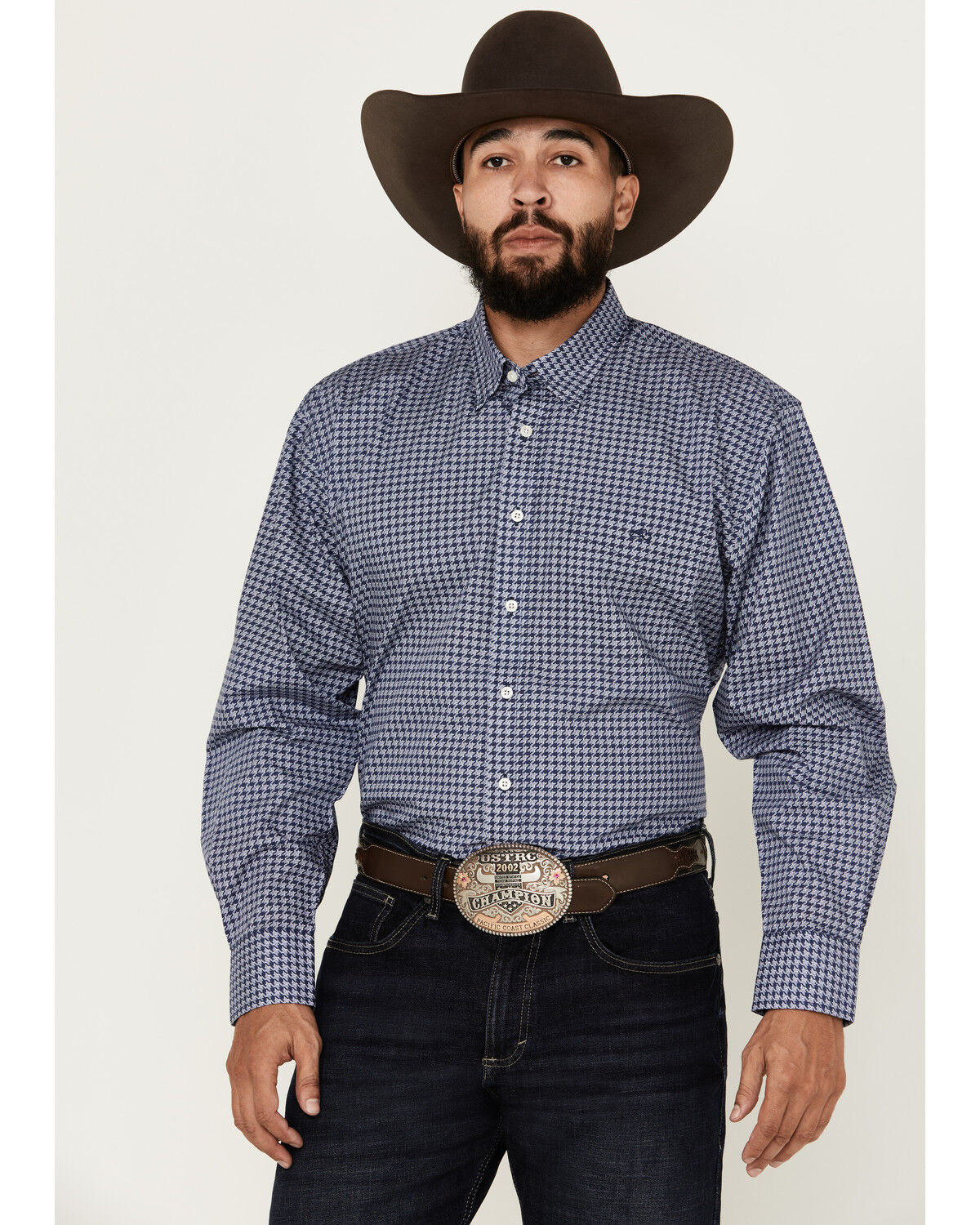 Image #1 - Resistol Men's Henry Houndstooth Print Long Sleeve Button Down Western Shirt, Blue, hi-res