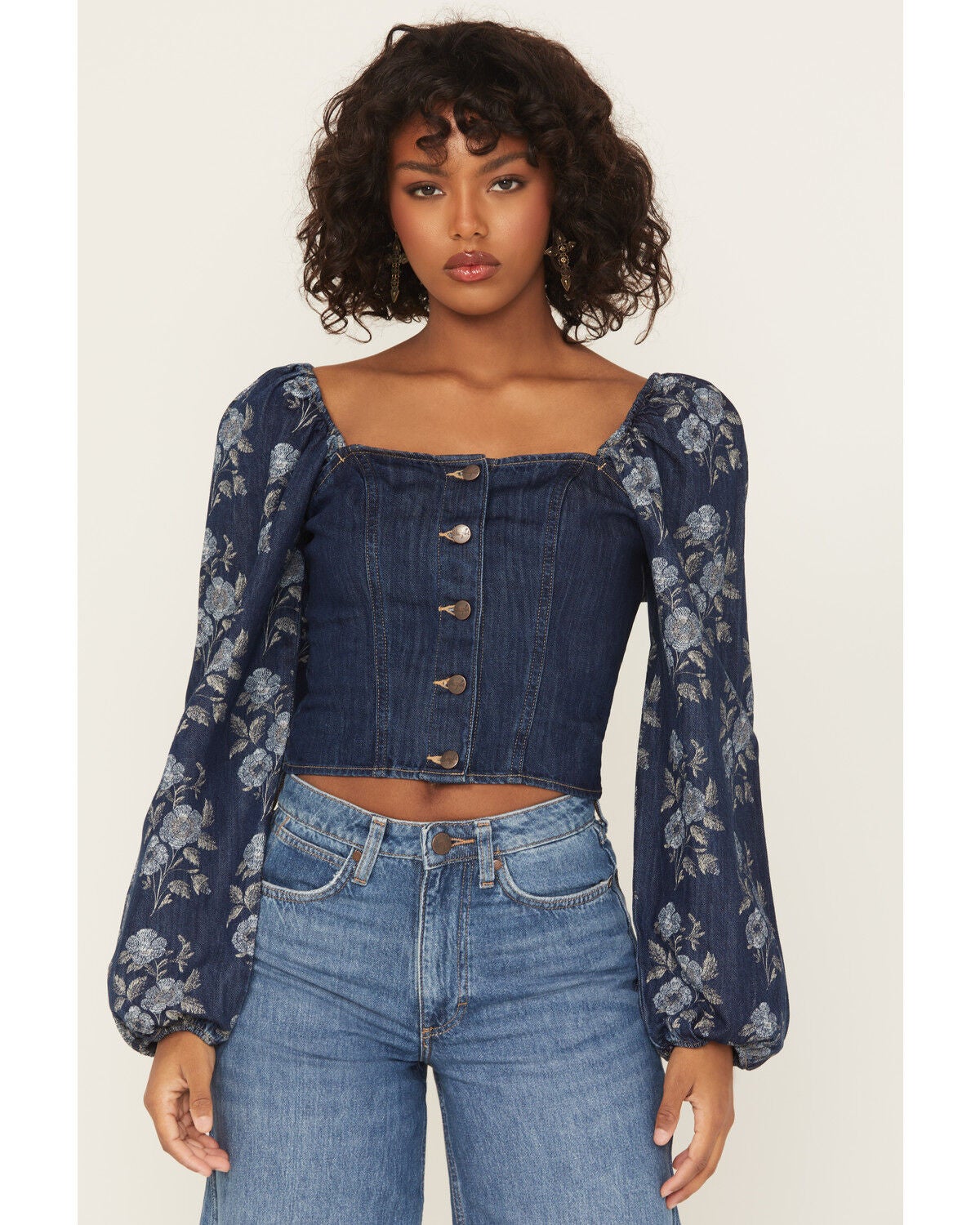 Wrangler Retro Women's Floral Tapestry Sleeve Denim Blouse, Dark Wash, hi-res
