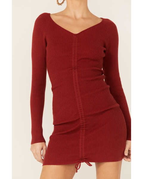 Image #2 - Lush Women's Long Sleeve Drawstring Sweater Dress, Rust Copper, hi-res
