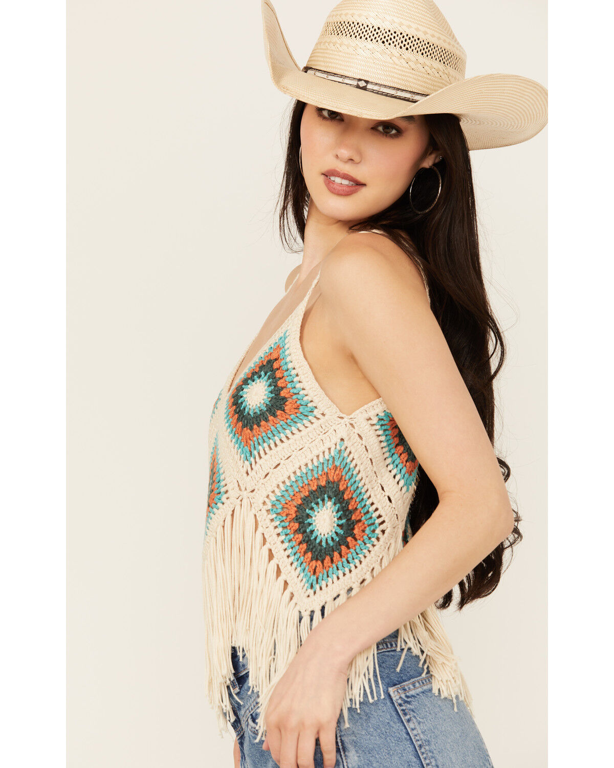 Image #2 - Rock & Roll Denim Women's Crochet Fringe Tank, Cream, hi-res