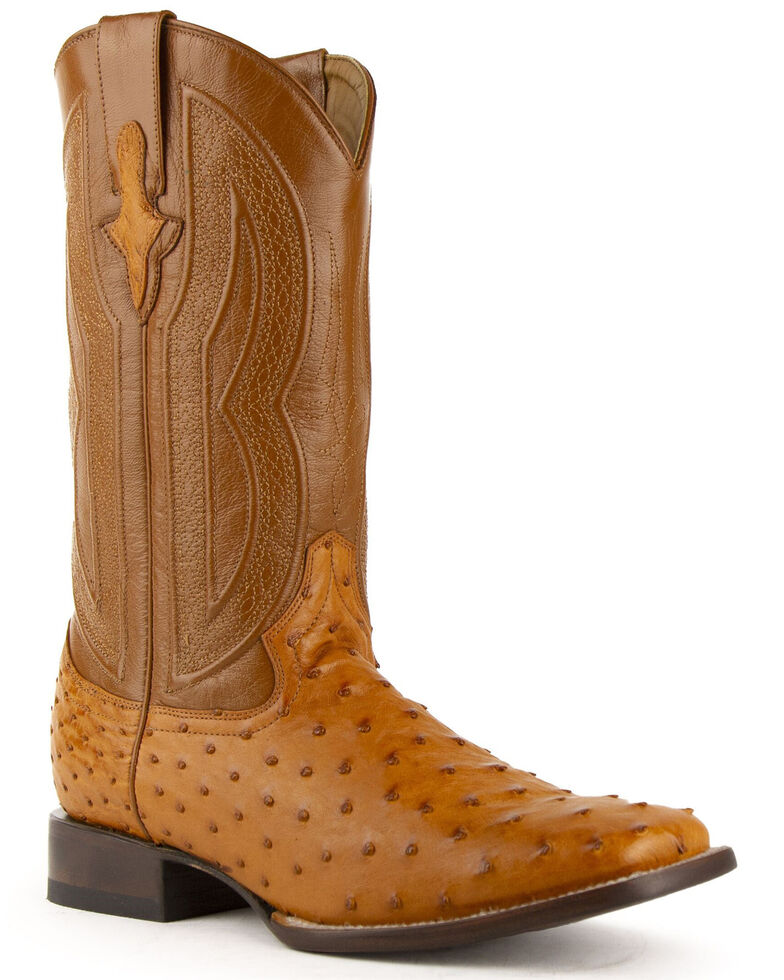 Ferrini Men's Cognac Full Quill Ostrich Cowboy Boots - Wide Square Toe