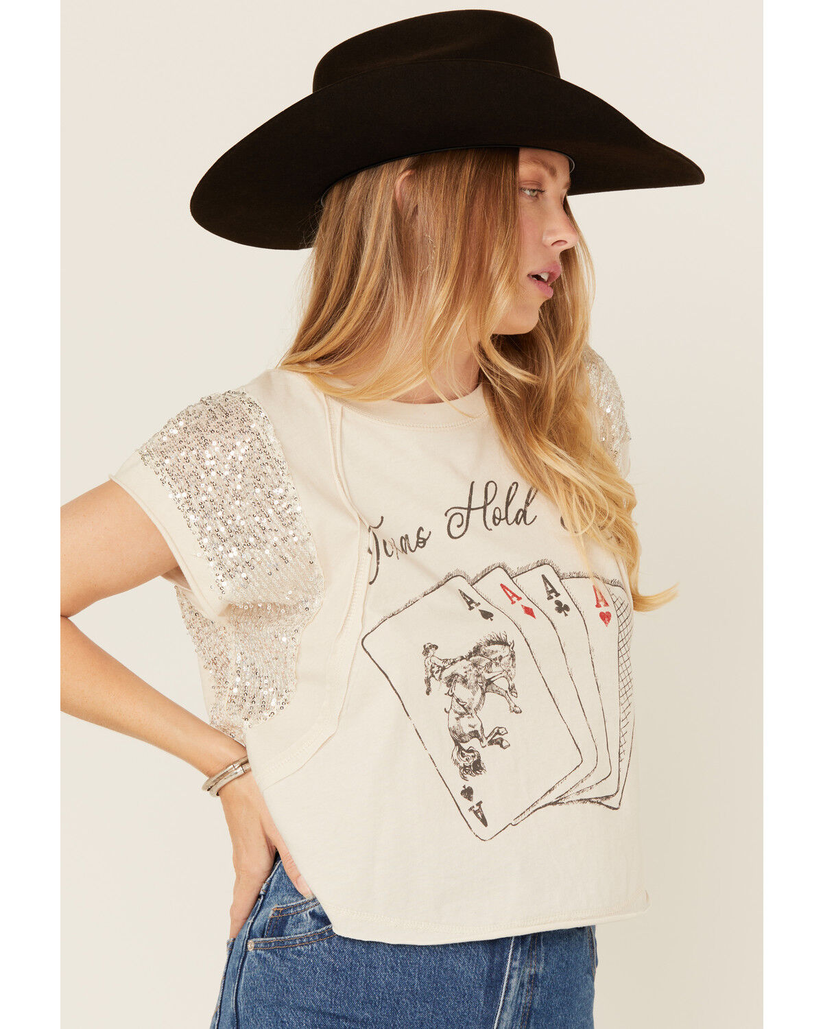 Image #2 - Originality Women's Texas Hold Em' Sequin Short Sleeve Graphic Tee, White, hi-res