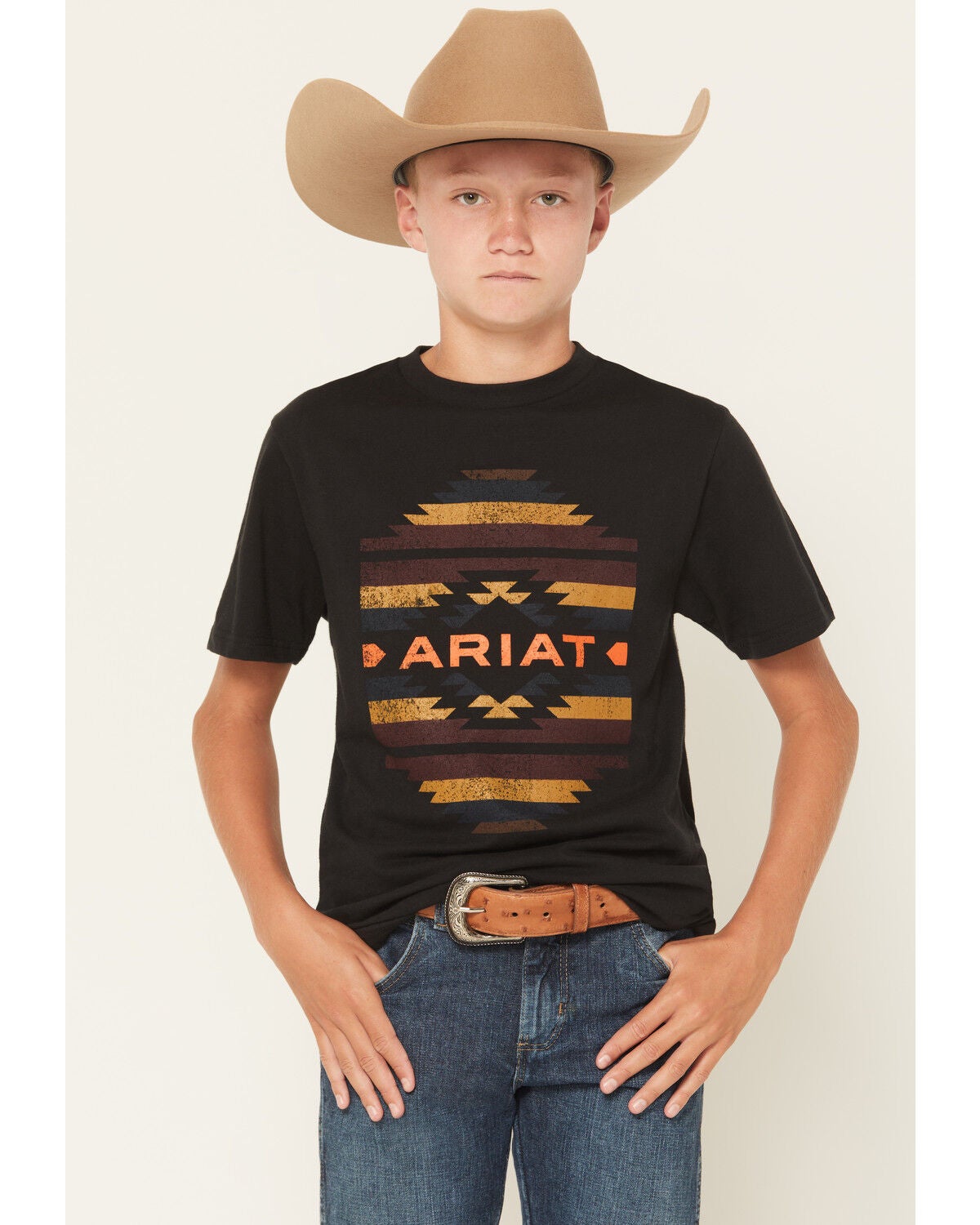 Image #1 - Ariat Boys' Boot Barn Exclusive Zapoteco Southwestern Logo Short Sleeve Graphic T-Shirt, Black, hi-res