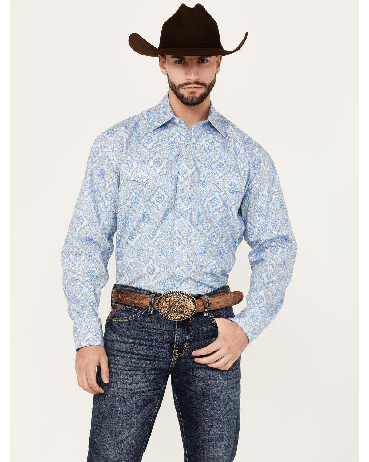 Stetson Men's Medallion Print Long Sleeve Pearl Snap Western Shirt, Blue, hi-res