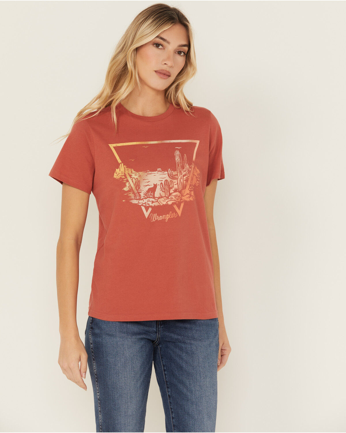 Image #1 - Wrangler Women's Desert Logo Short Sleeve Graphic Tee, Rust Copper, hi-res