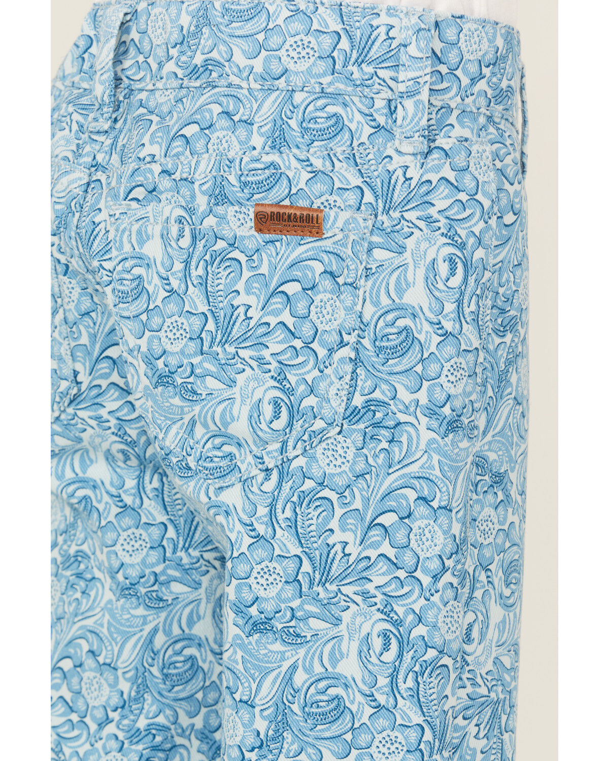 Image #4 - Panhandle Girls' Tooled Button Flare Stretch Denim Jeans, Blue, hi-res