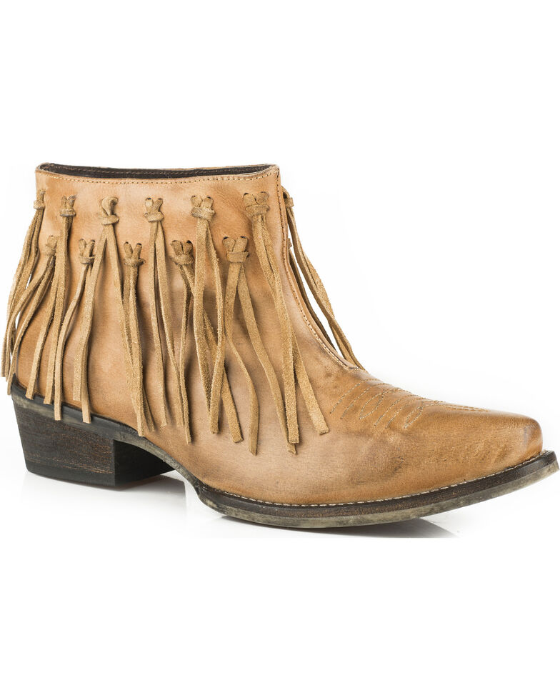 Roper Women's Tan Burnished Leather Fringe Western Boots - Snip Toe, Tan, hi-res