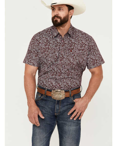 Rodeo Clothing Men's Paisley Print Short Sleeve Snap Western Shirt, Maroon, hi-res