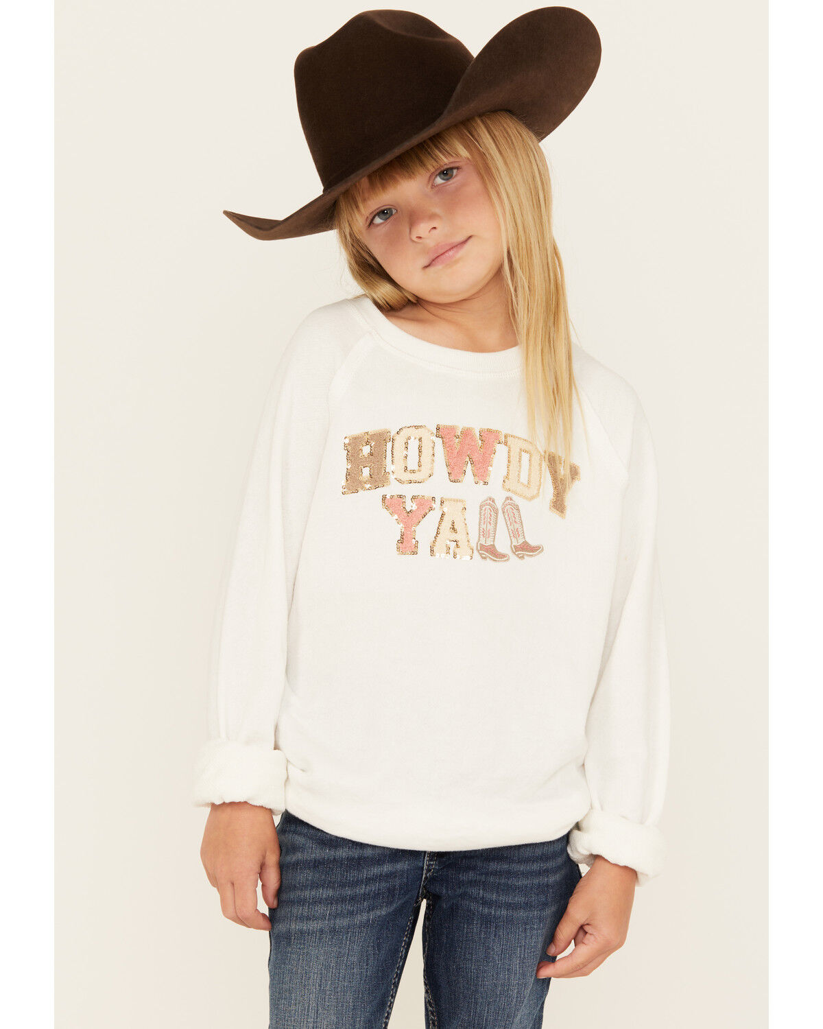 Image #1 - Buttercup Girls' Howdy Y'all Embellished Long Sleeve Shirt, White, hi-res