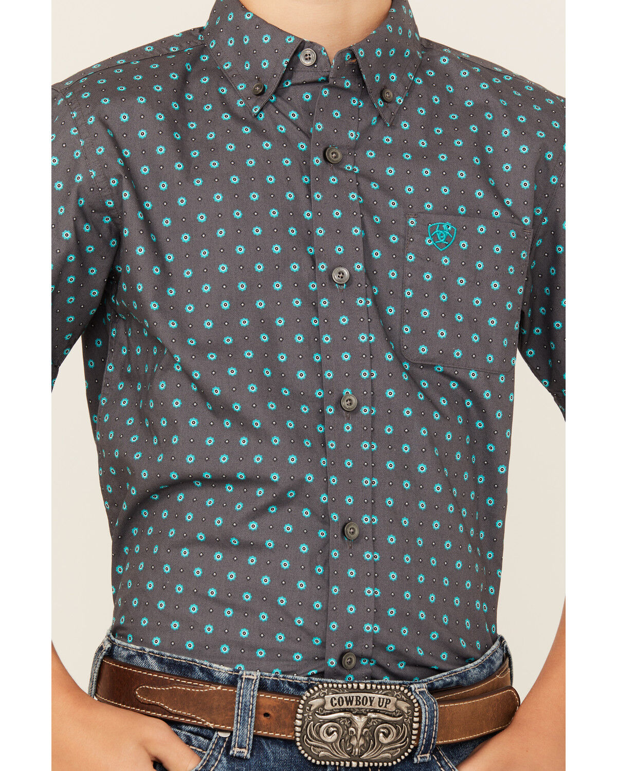 Image #3 - Ariat Boys' Geo Print Short Sleeve Button-Down Western Shirt, Grey, hi-res