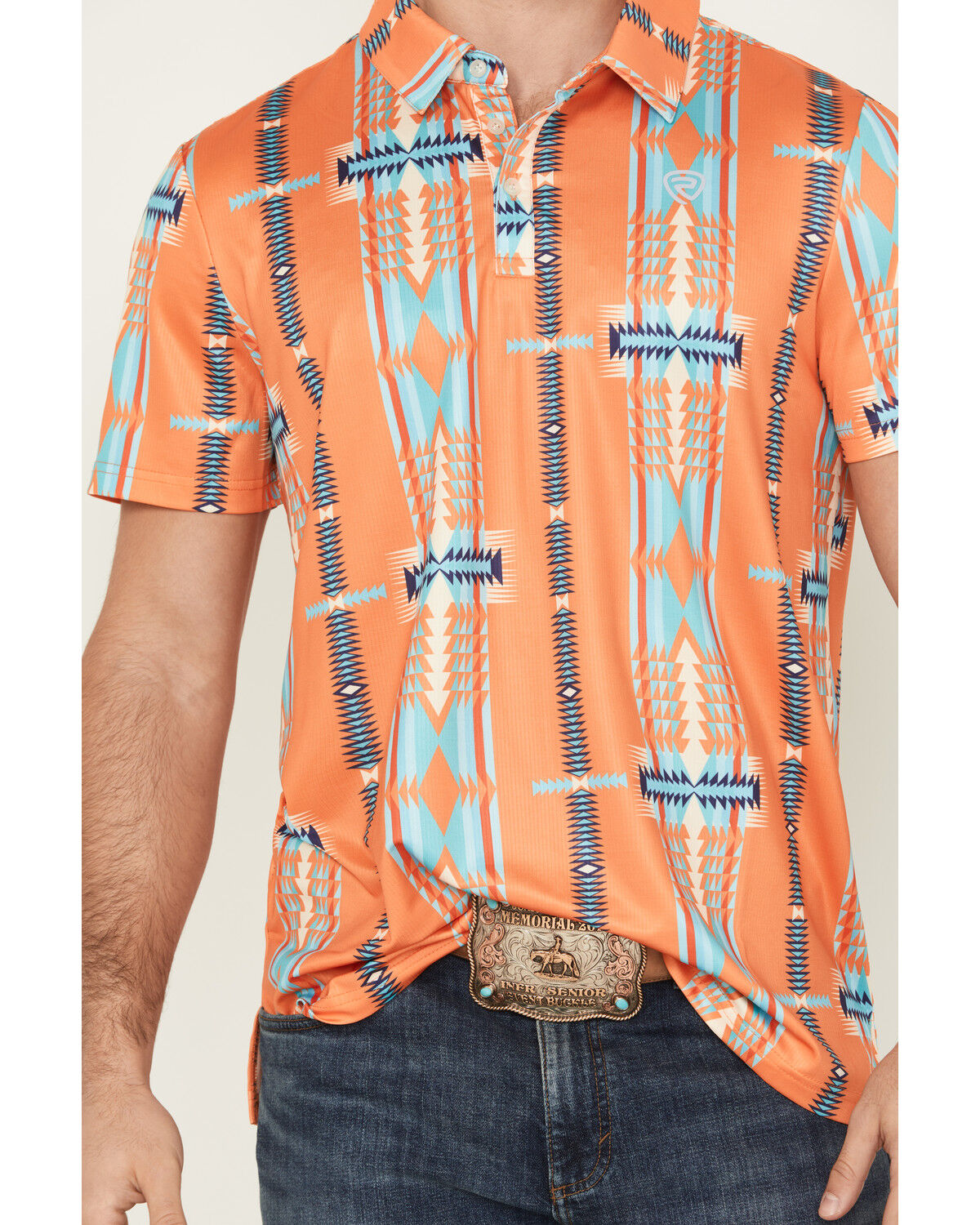 Image #3 - Rock & Roll Denim Men's Boot Barn Exclusive Southwestern Striped Short Sleeve Button-Down Polo, Orange, hi-res