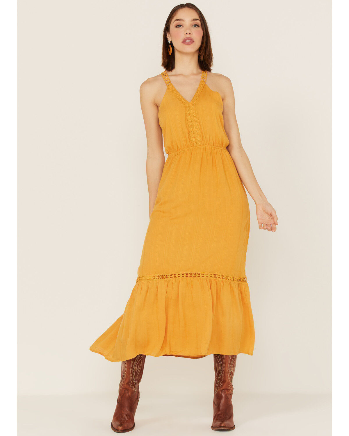 Image #1 - Molly Bracken Women's Lace Trim Midi Dress, Mustard, hi-res