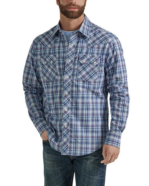Wrangler Retro Men's Plaid Print Long Sleeve Snap Western Shirt , Blue, hi-res