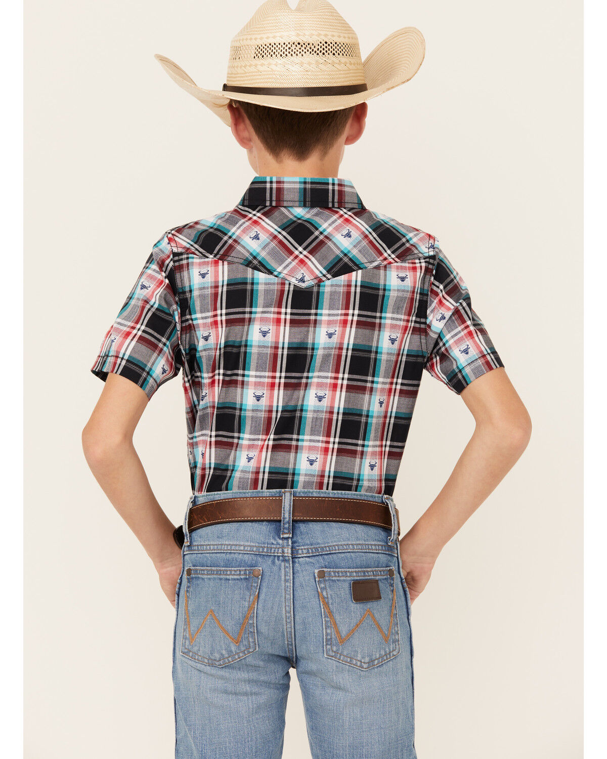 Image #4 - Cody James Boys' Steerhead Plaid Print Short Sleeve Snap Western Shirt, Navy, hi-res