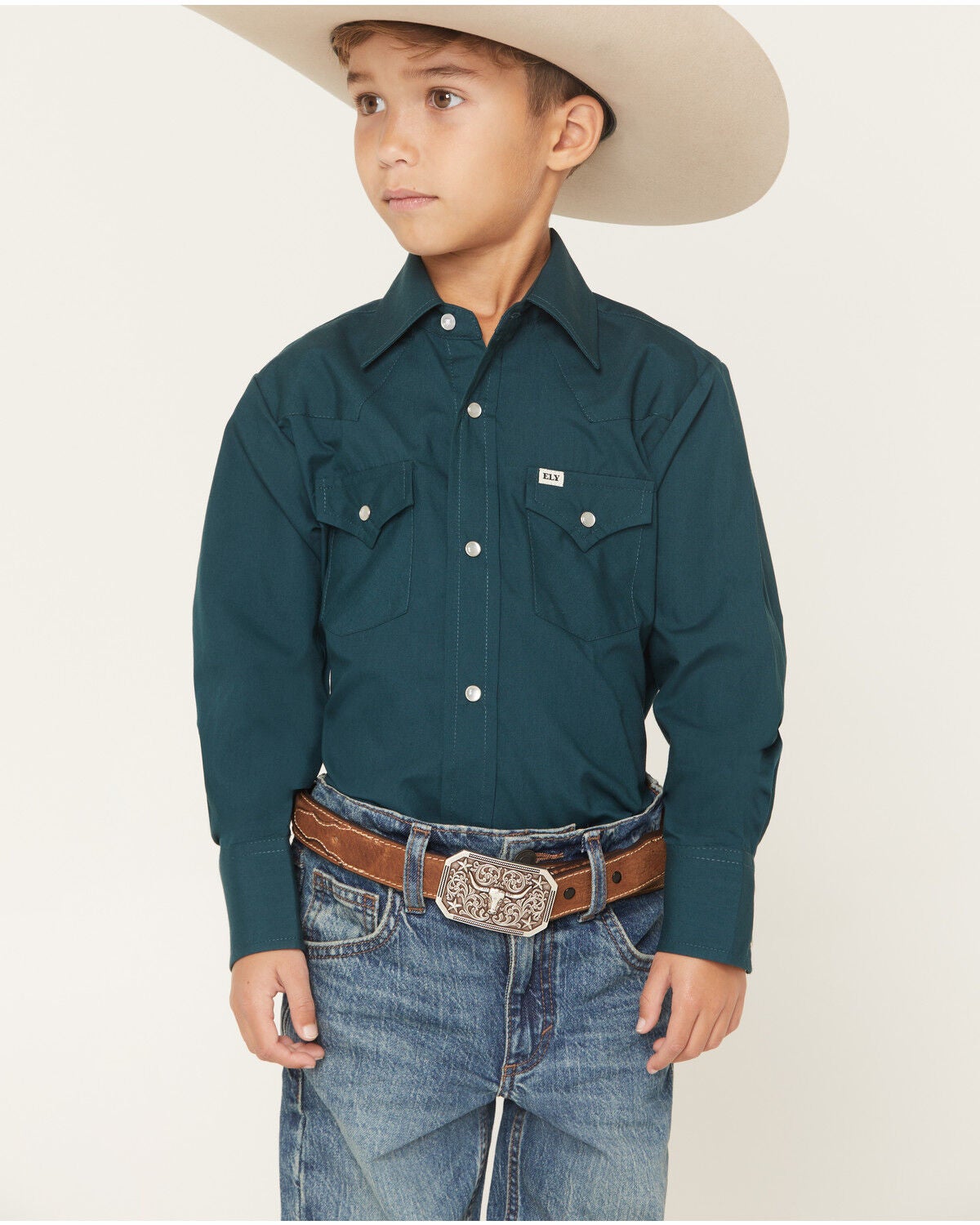 Image #1 - Ely Walker Boys' Solid Long Sleeve Snap Western Shirt, Teal, hi-res