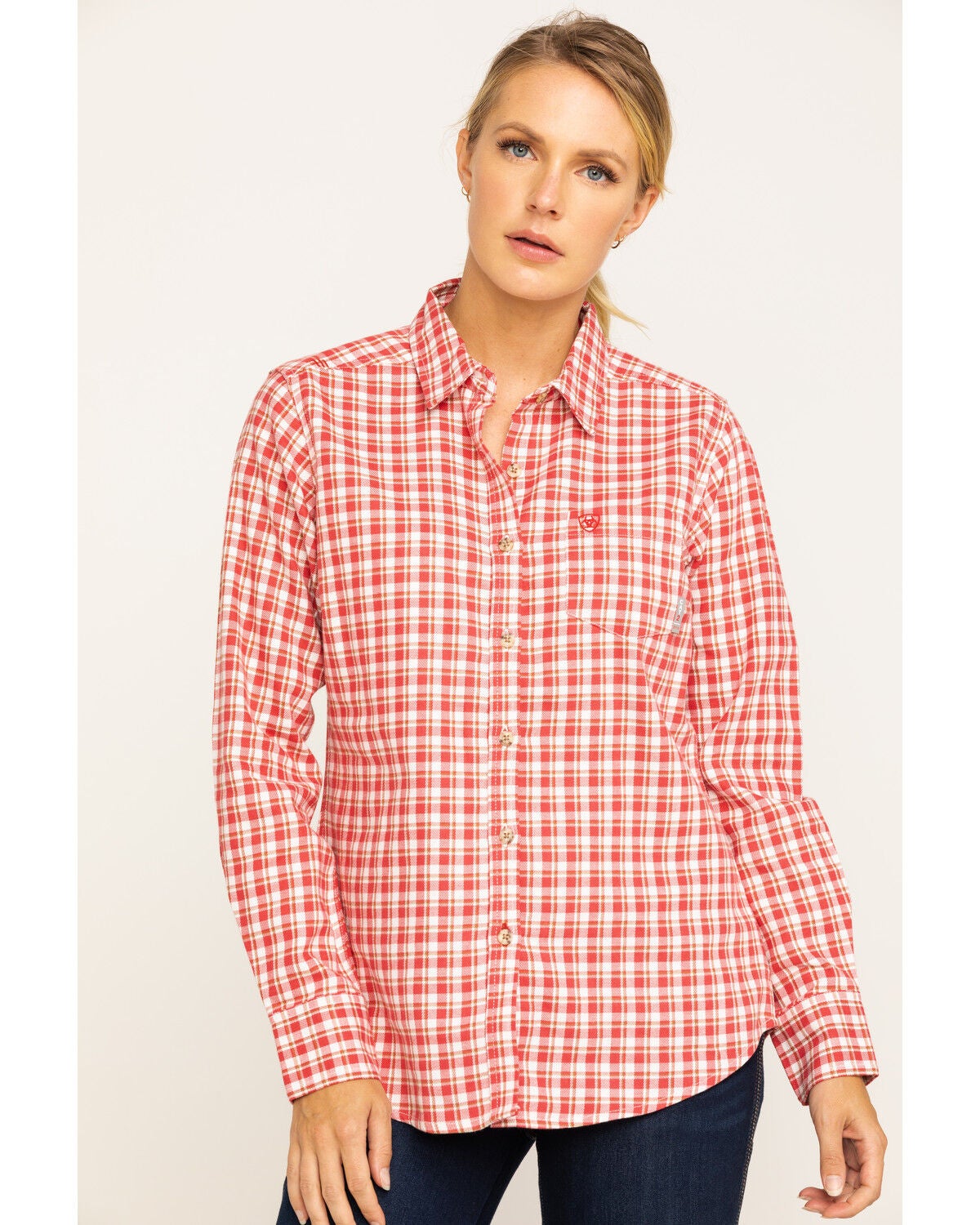 Ariat Women's Boot Barn Exclusive FR Talitha Plaid Long Sleeve Work Shirt, Red, hi-res