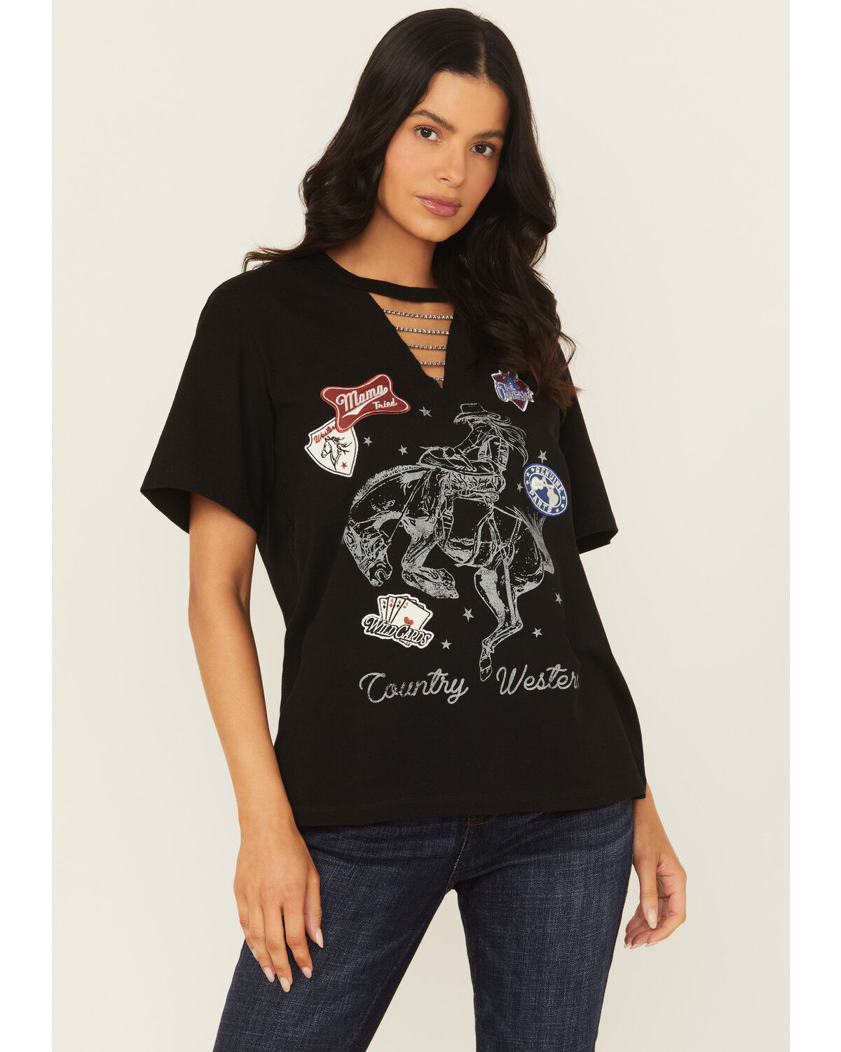 Image #1 - Idyllwind Women's Patch Country And Western Embellished Short Sleeve Graphic Tee, Black, hi-res