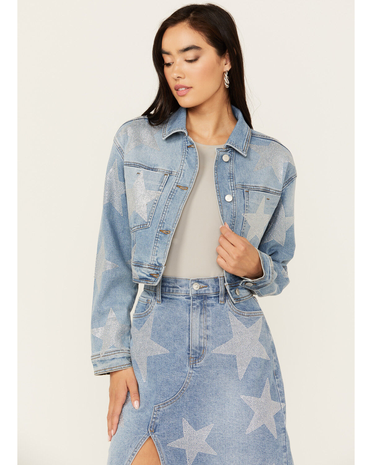 Image #1 - Vibrant Denim Women's Medium Wash Cropped Rhinestone Star Denim Jacket, Medium Wash, hi-res