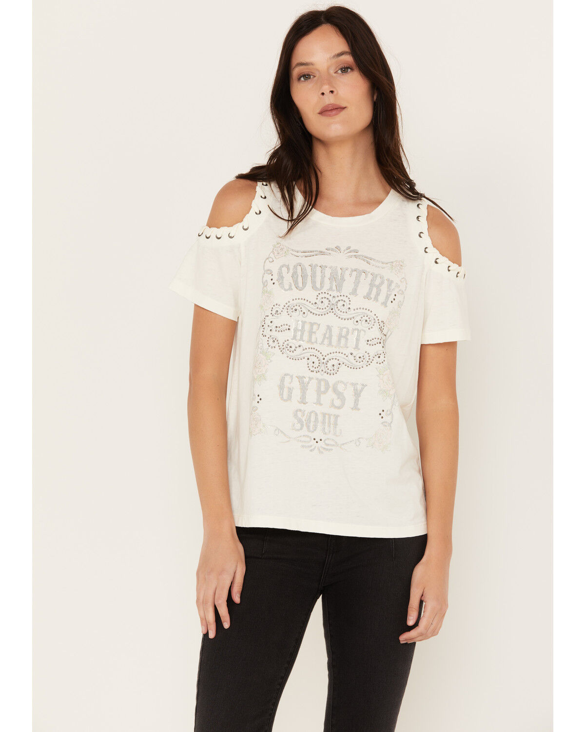 Image #1 - Blended Women's Cold Shoulder Country Heart Short Sleeve Graphic Tee, , hi-res