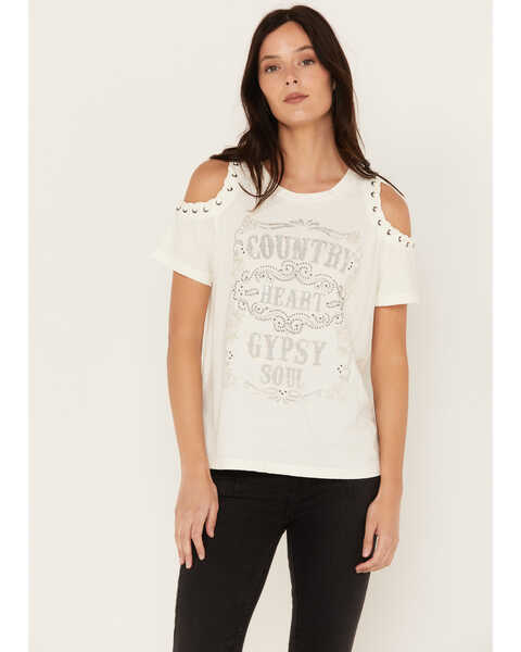 Blended Women's Cold Shoulder Country Heart Short Sleeve Graphic Tee, Ivory, hi-res