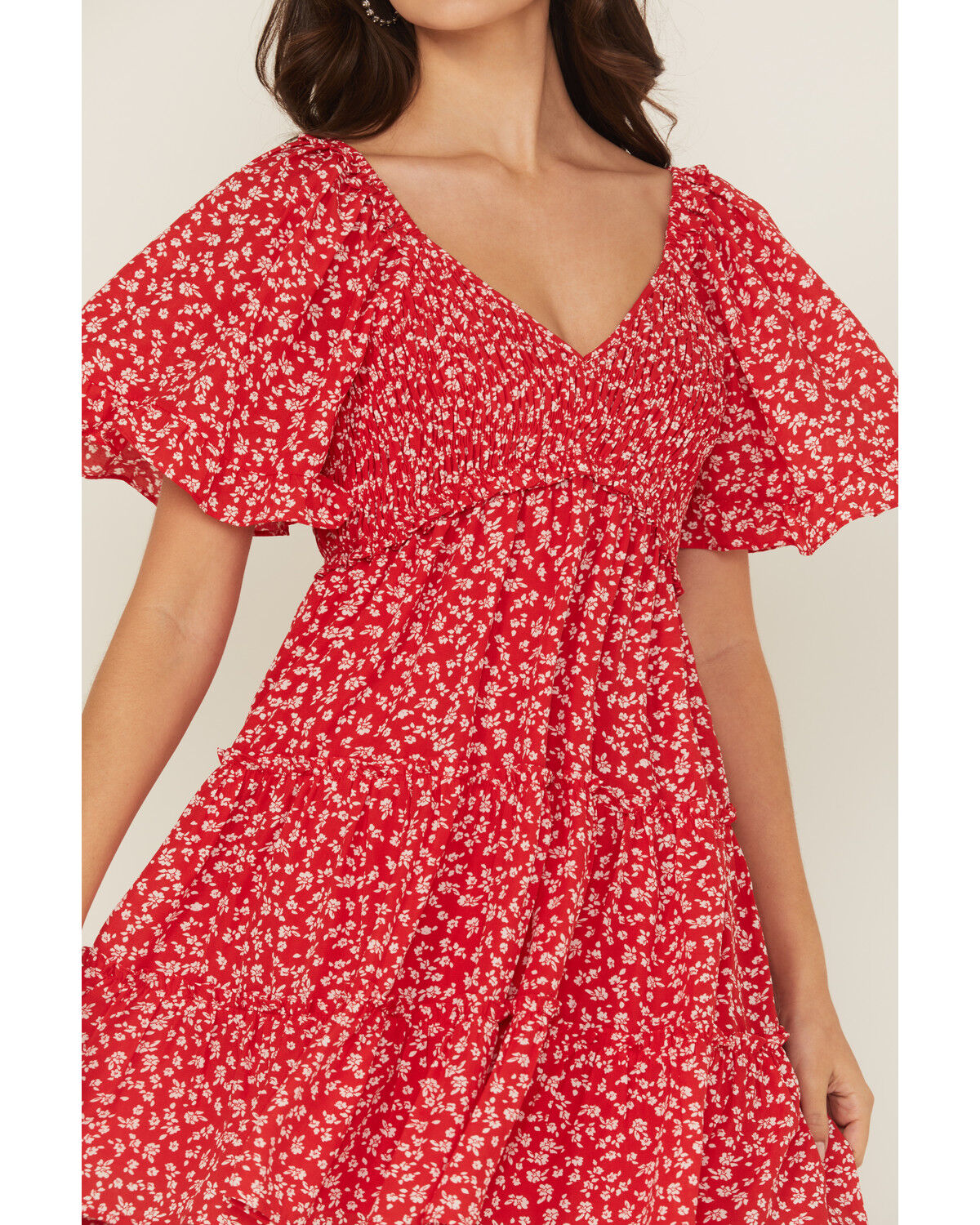 Image #3 - Yura Women's Floral Print Tiered Mini Dress, Red, hi-res