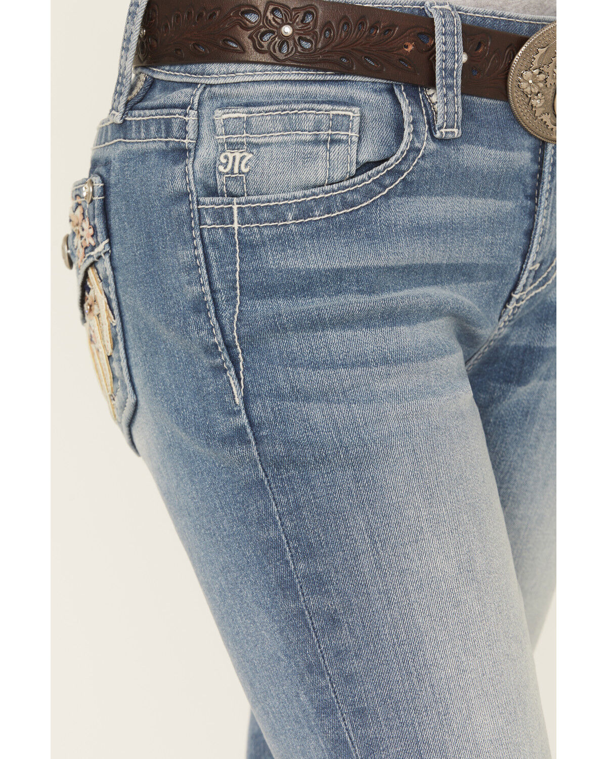 Image #4 - Miss Me Girls' Floral Embroidered Medium Wash Bootcut Stretch Denim Jeans, Medium Wash, hi-res