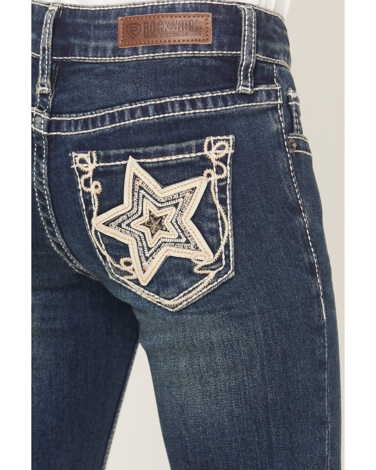Image #2 - Rock & Roll Denim Girls' Dark Wash Star Embroidered Bootcut Stretch Denim Jeans, Dark Wash, hi-res