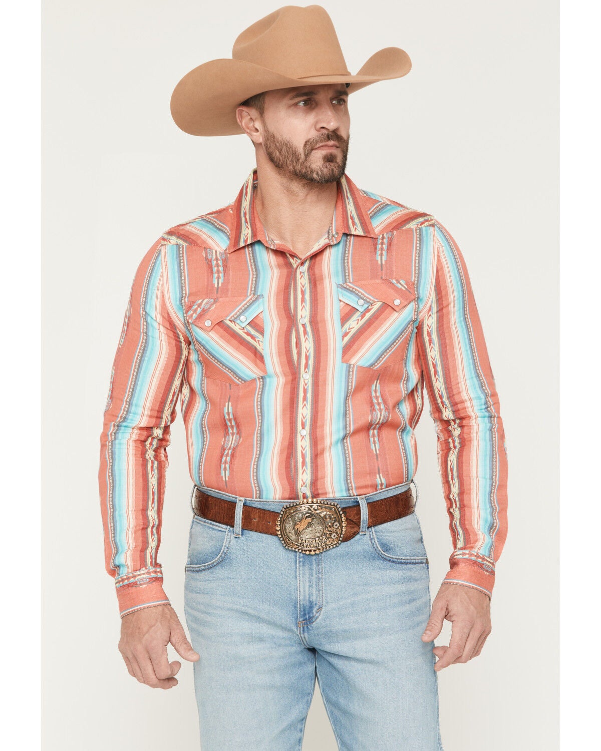 Image #1 - Panhandle Slim Men's Southwestern Striped Long Sleeve Pearl Snap Western Shirt, Red, hi-res