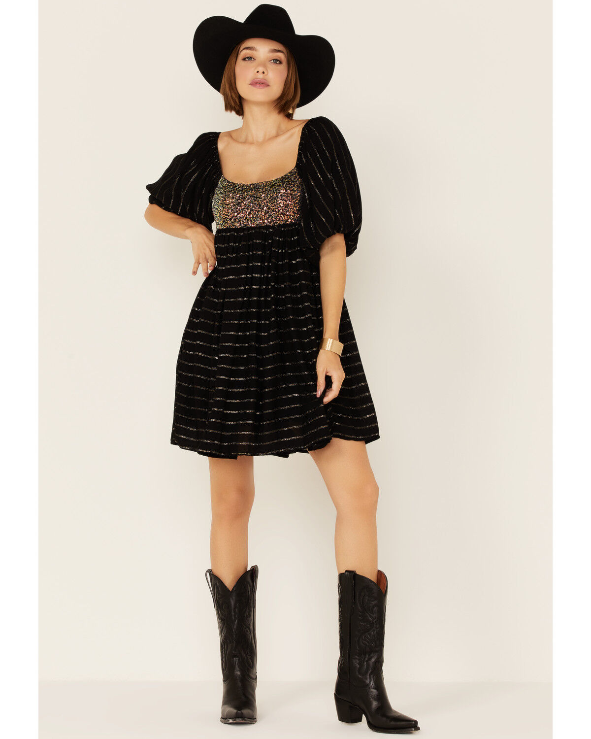 Image #1 - By Together Women's Sequin & Lurex Striped Babydoll Mini Dress, Black, hi-res