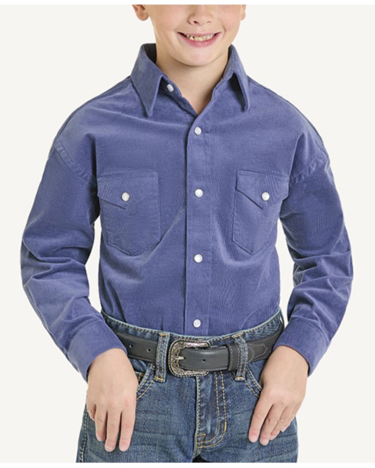 Panhandle Slim Boys' Solid Corduroy Long Sleeve Snap Western Shirt, Indigo, hi-res